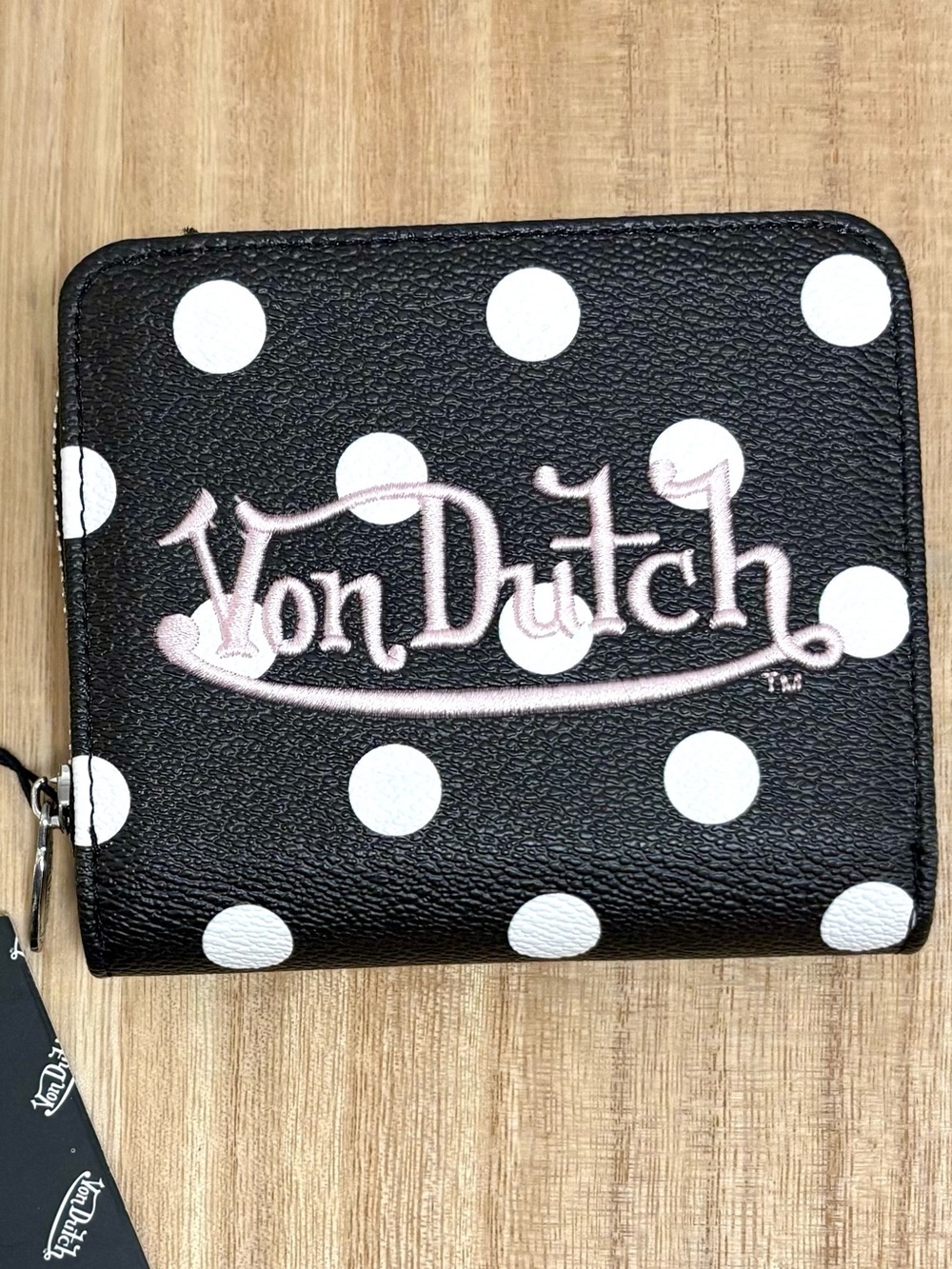 Von Dutch Black & White Polka Dot Wallet with Pink Logo